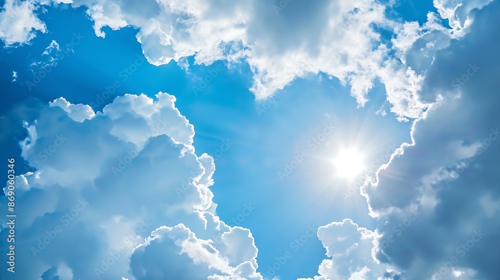 Poster beautiful blue sky and white clouds of various shapes with sunlight nature background : generative a