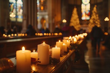 A row of lit candles at a Christmas service in a church against the backdrop of a Christmas tree with lights