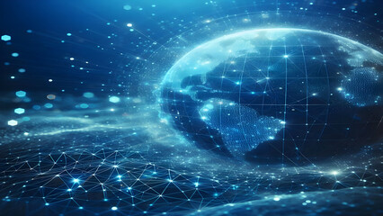 Fototapeta premium Blue abstract background with network grid and particles