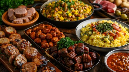 Obraz premium Grilled Sausage and Meat With Side Dishes on Table