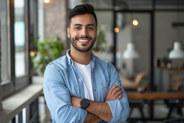 Fototapeta premium portrait of young male executive standing with crossed arms dressed in casual clothing