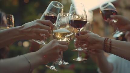 Close Up Shot of People Cheers Making Toasts and Touch with red Wine People Drink wine enjoy  Happy friends having fun outdoor  A group of girlfriends raise a toast with glasses of whi : Generative AI