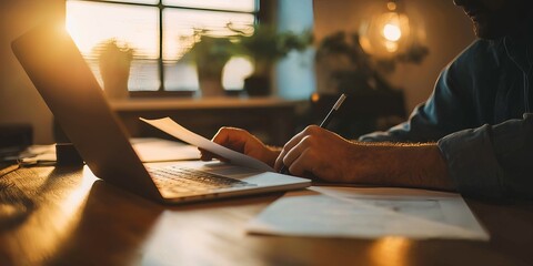 A person is seen writing on paper while working on a laptop in a cozy home office setting, with the warm light of a sunset shining through the window.