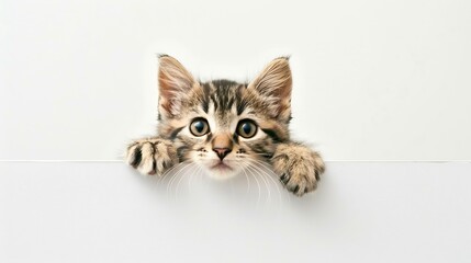 Kitten head with paws up peeking over blank white sign placard Pet kitten curiously peeking behind white background Long web banner with copy space High quality photo : Generative AI