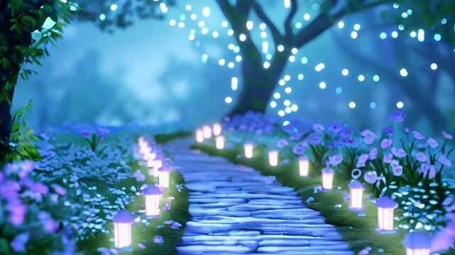 A whimsical forest path illuminated by glowing lanterns, leading to an enchanted fairy tale world filled with magical creatures and vibrant flowers.