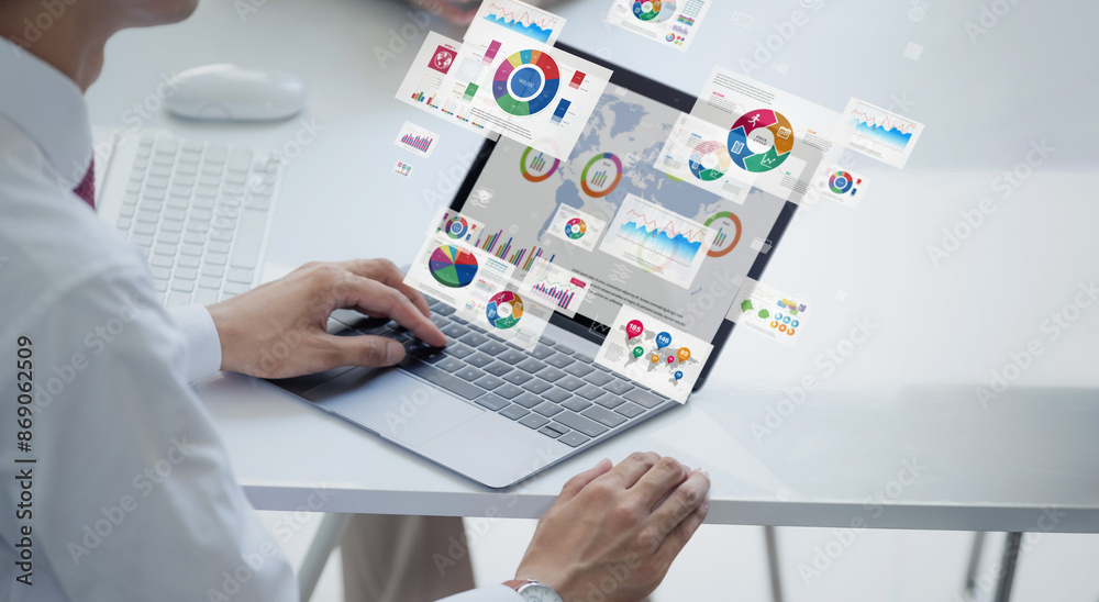 Poster business person using a laptop and business data concept. digital transformation.