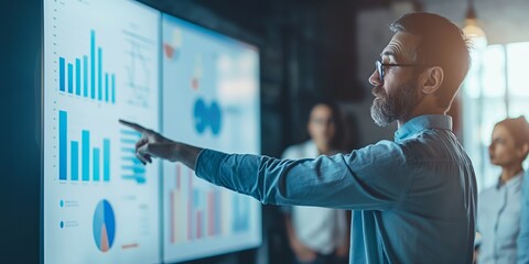 A professional speaker is presenting a series of data visualizations such as bar and pie charts to a team during a late-night meeting in a dimly lit office.