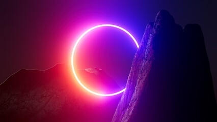 3d illustration Neon ring in the mountains at night