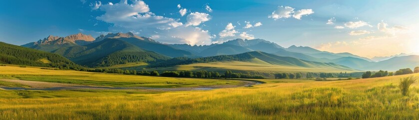 Panoramic view of a lush green valley with majestic mountains under a clear blue sky and scattered clouds, perfect for nature and travel themes.