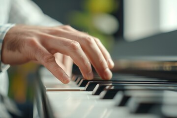 Obraz premium Masterful Pianist Performing on Stage: Capturing Skillful Fingers and Elegance of Live Music