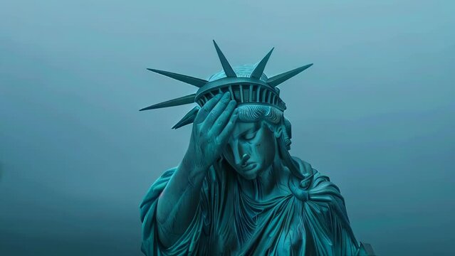 Liberty with her head in hands, crying. Blue foggy background.