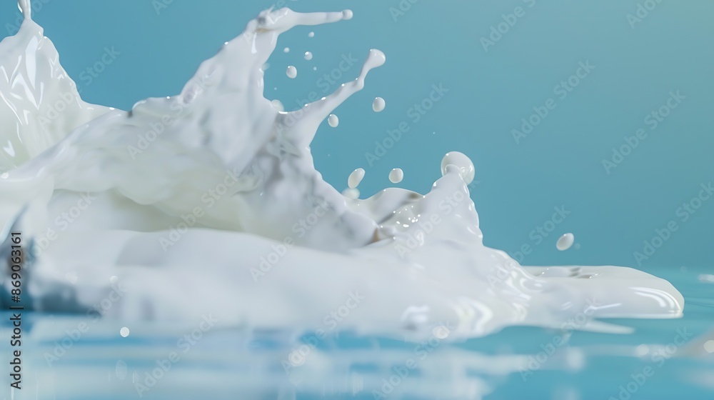 Poster Realistic milk splash splashing in milk pool with isolated on blue background : Generative AI