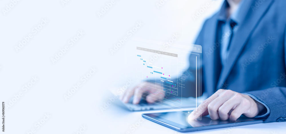 Poster updating and managing milestones on a timeline gantt chart in technology online, schedule plan manag