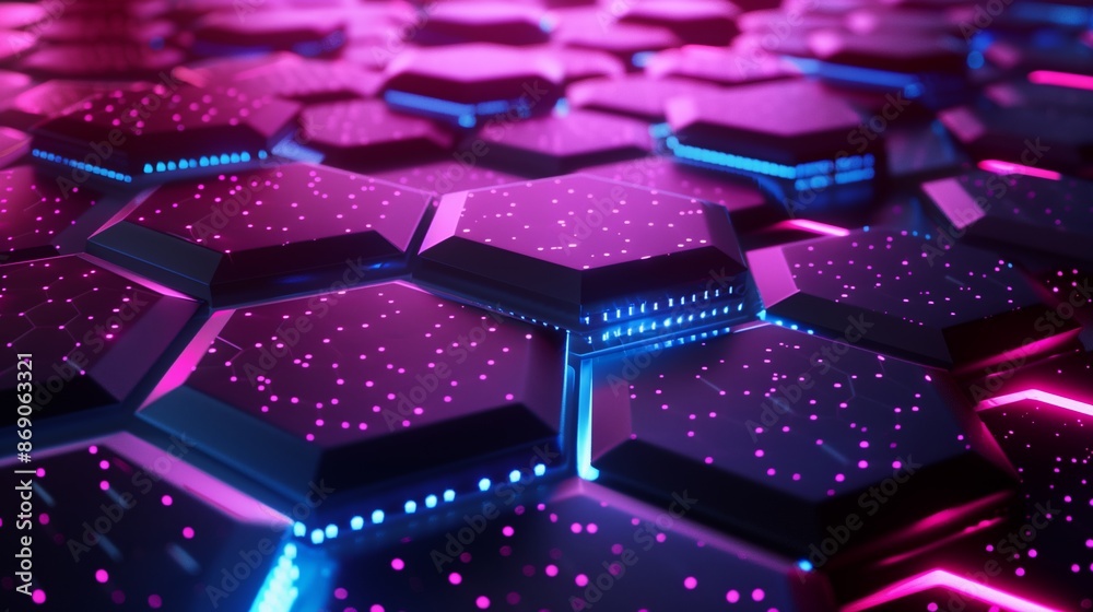 Poster a high-tech 3d background with intricate hexagonal patterns and vibrant neon lights creates a futuri
