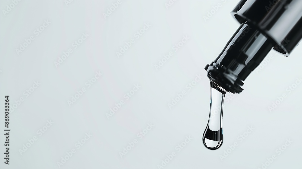 Poster oily drop dripping from pipette into cosmetic bottle close up isolated on white background skin care
