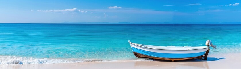Naklejka premium Scenic view of a boat on a tranquil sandy beach with clear turquoise waters under a blue sky, perfect for a summer vacation or marine travel.