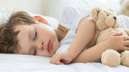 Fototapeta premium Baby peacefully sleeping with teddy bear in cozy crib, soft lighting creates warm, safe atmosphere on white surface. Highlights sleep's importance for children's health, ideal for baby bedding store o