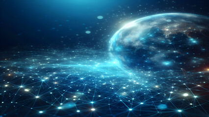 Obraz premium Blue abstract background with network grid and particles