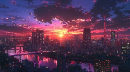 Fototapeta premium Anime Background with Futuristic Metropolitan City