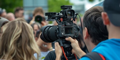A professional camera operator is filming with a high-end camera amidst a busy outdoor setting, capturing footage surrounded by people and various dynamic elements.