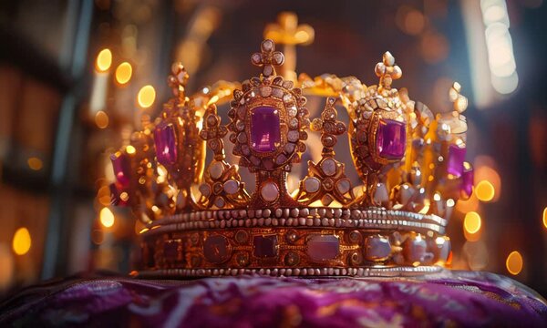 purple and gold crown on top of an altar, with a blurry background