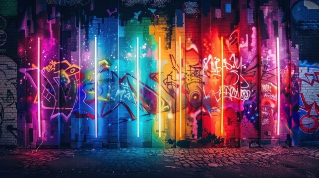 Fototapeta Graffiti art wall neon rainbow colorful light glowing vibrant element background wallpaper AI generated image