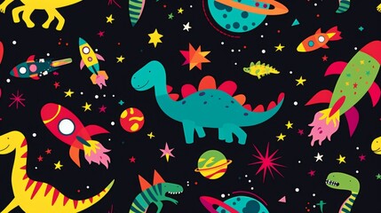 Vibrant illustration featuring dinosaurs in space with rockets, planets and stars on a black background Perfect for children's decor