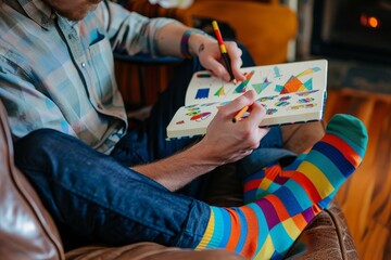 A man seated on a couch, holding a book and pencil, A whimsical professor with colorful mismatched socks, sketching in a notebook