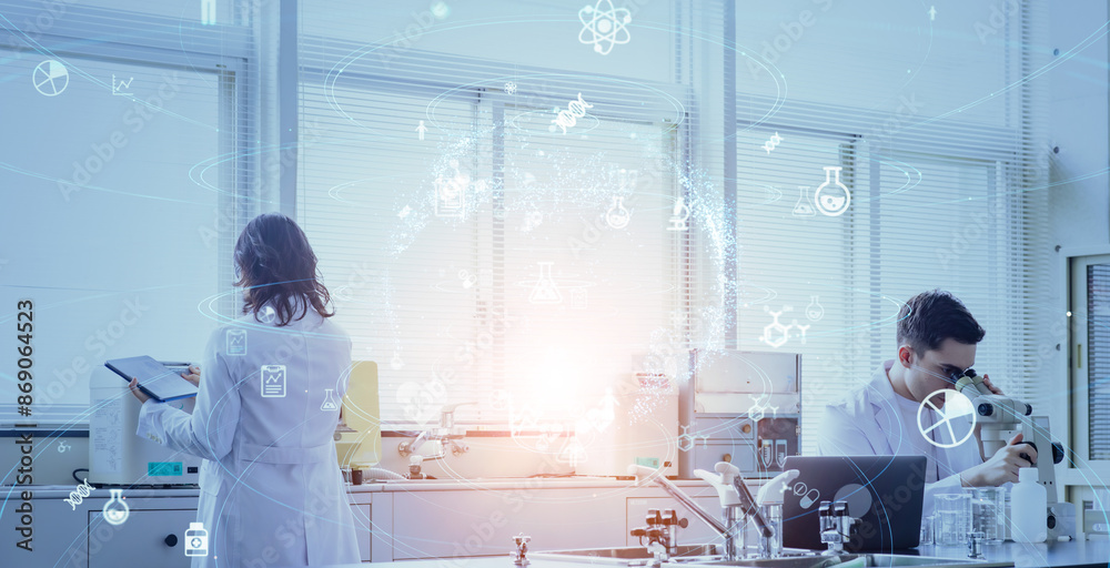Poster Multinational researchers and science and technology conducting experiments concept