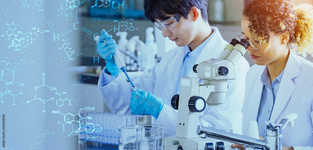 Poster Multinational researchers and science and technology conducting experiments concept