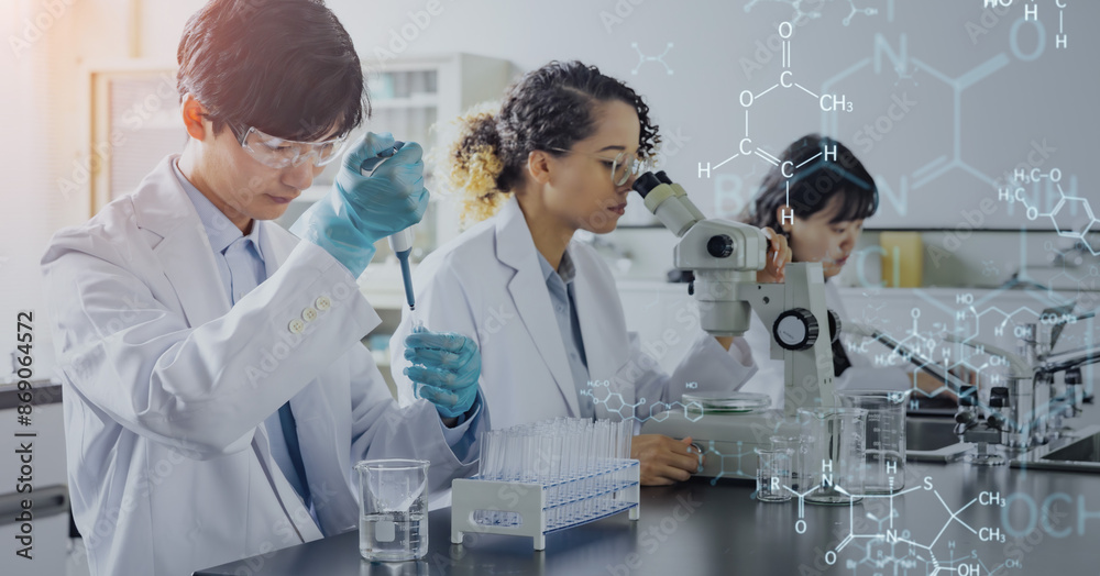 Poster multinational researchers and science and technology conducting experiments concept