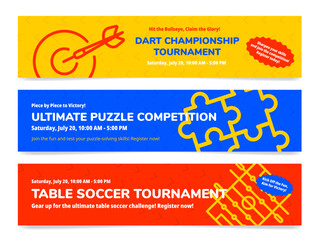 Dart puzzle table soccer tournament banner design template set vector flat illustration