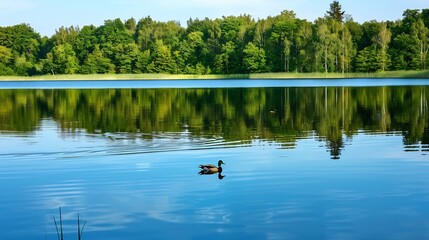 Duck swimming in a beautiful calm lake with calm water and some trees that are reflected in the water making a mirror effect during a clear summer day : Generative AI