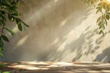Rustic Wooden Table Against a Sun-Drenched Wall