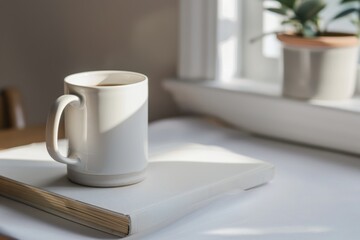 The image of a white ceramic mug beside a white book highlights minimalism, simplicity, tranquility, and cleanliness, showcasing a simple lifestyle.

