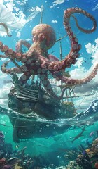 Obraz premium Giant Octopus Kraken Sinking Pirate Ship