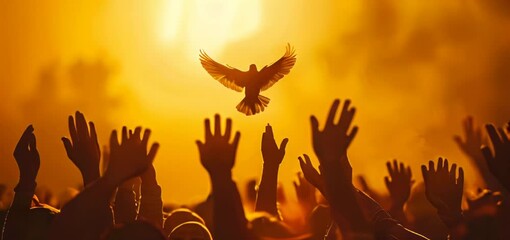 The hypnotic light, silhouettes of people with their hands raised in the air, holy spirit dove flying above them, golden hour.