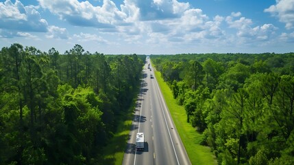 Obraz premium Lush green trees to horizontal line along Highway Interstate 10 in Greenwood Louisiana America with car and truck on the road near rest area welcome center under summer sunny blue sky : Generative AI