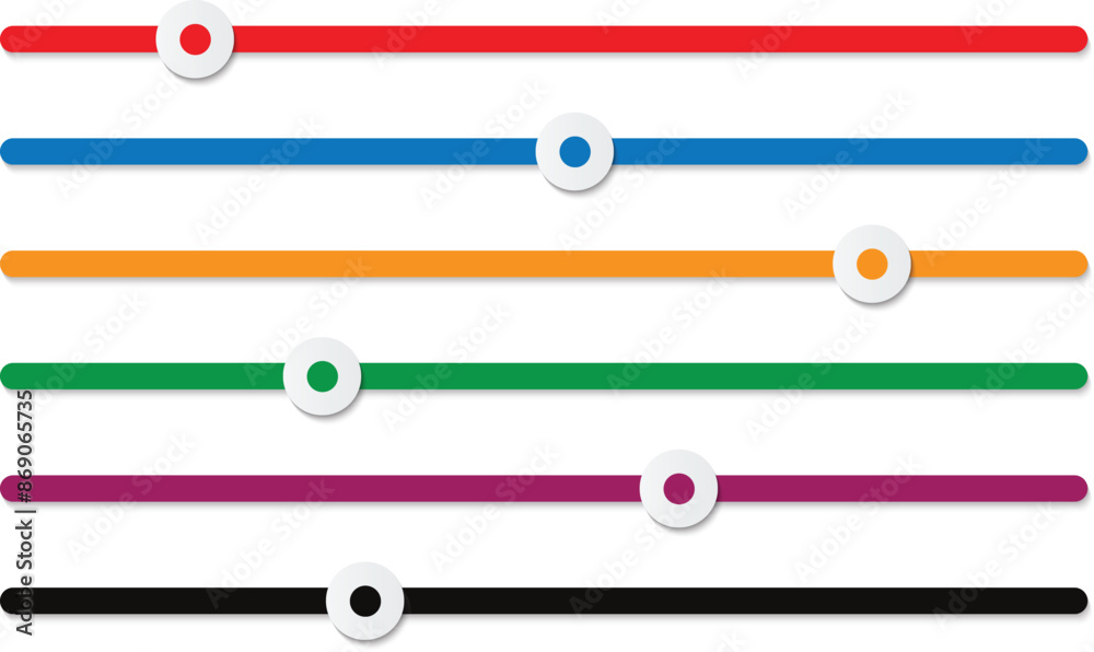 Poster sound volume slider adjustment icon set, horizontal coloring slider button isolated flat design, vec