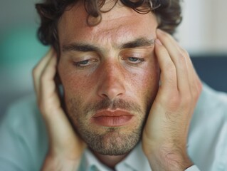 Obraz premium Managing Tension: Person Relieving Office Syndrome Headache at Desk with Temple Massage.