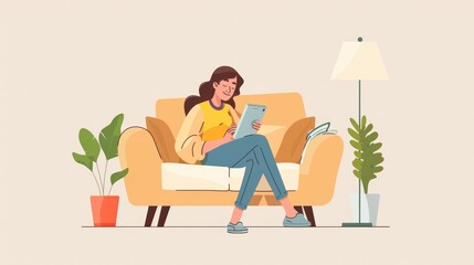 Cheerful woman planning a trip using a mobile app, relaxed on a sofa, home convenience