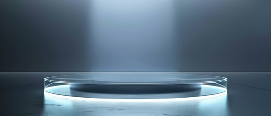 Clear glass pedestal with soft ambient light, futuristic theme, transparent elegance