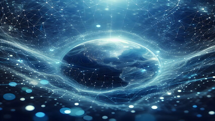 Obraz premium Blue abstract background with network grid and particles