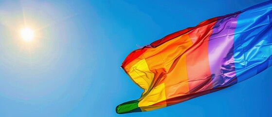 Fototapeta premium Close-up of a rainbow flag against a clear blue sky, Pride month, LGBTQ symbol