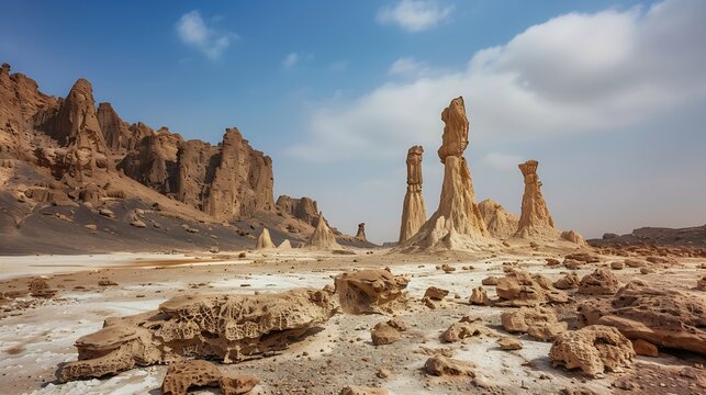 Limestone prehistoric chimneys geological rock formations salt lake Abbe Dikhil region Djibouti : Generative AI