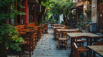 Fototapeta premium small cozy cafes in small tourist towns Cozy city landscapes Tables on the summer terrace of the restaurant Restaurant on a green street : Generative AI