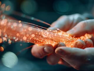 Technician Handling Glowing Fiber Optic Cable - Concept of Cutting-Edge Telecommunication Technology