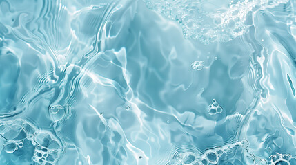 Obraz premium Transparent blue clear water surface texture with ripples, splashes and bubbles. Abstract summer banner background Water waves in sunlight, Cosmetic moisturizer micellar toner emulsion