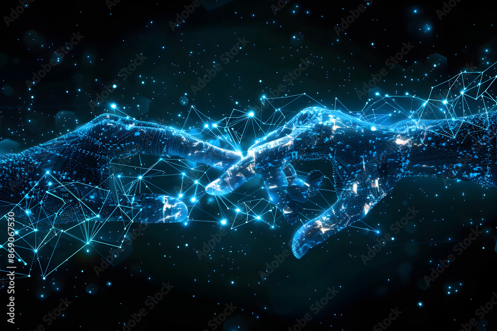 Poster abstract background of hands touching digital transformation virtual screen. technology connection d