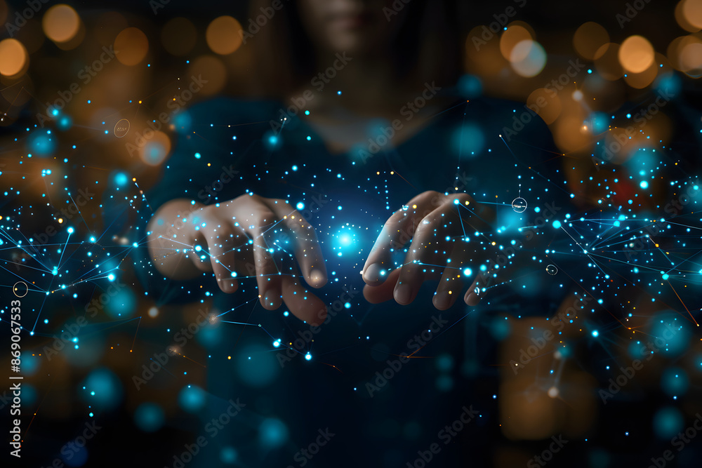 Poster abstract background of hands touching digital transformation virtual screen. technology connection d